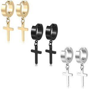 3 Pair Cross Earrings Dangle Hinged Men Earrings Stainless Steel Cross Hoop